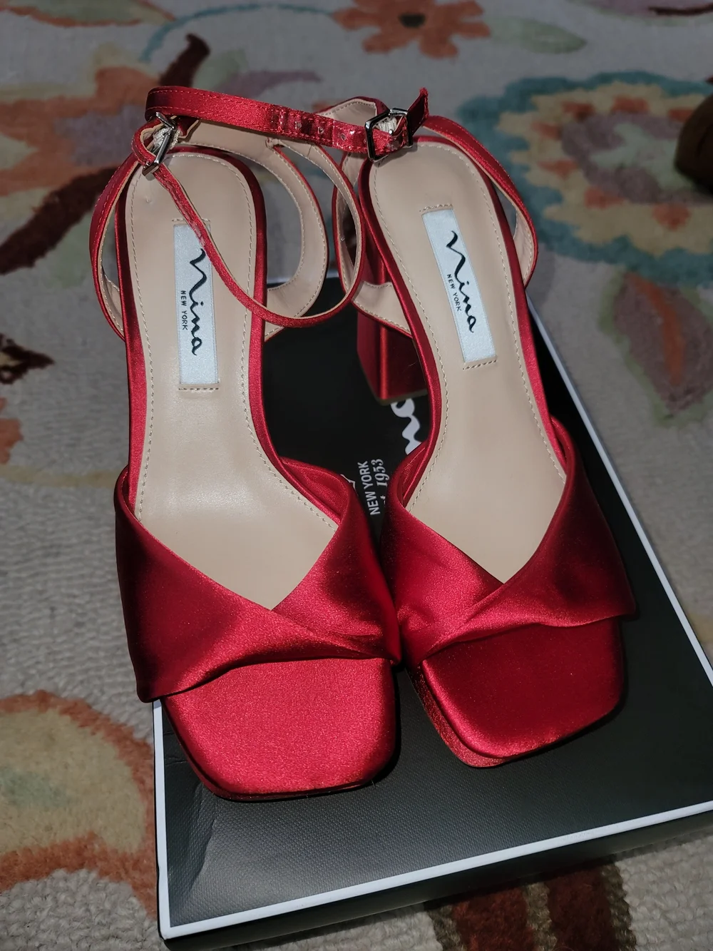Nina Red Satin Platform Sandals with Ankle Strap